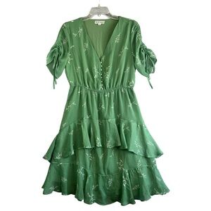 Green Floral Midi Dress with Tiered Ruffle Skirt